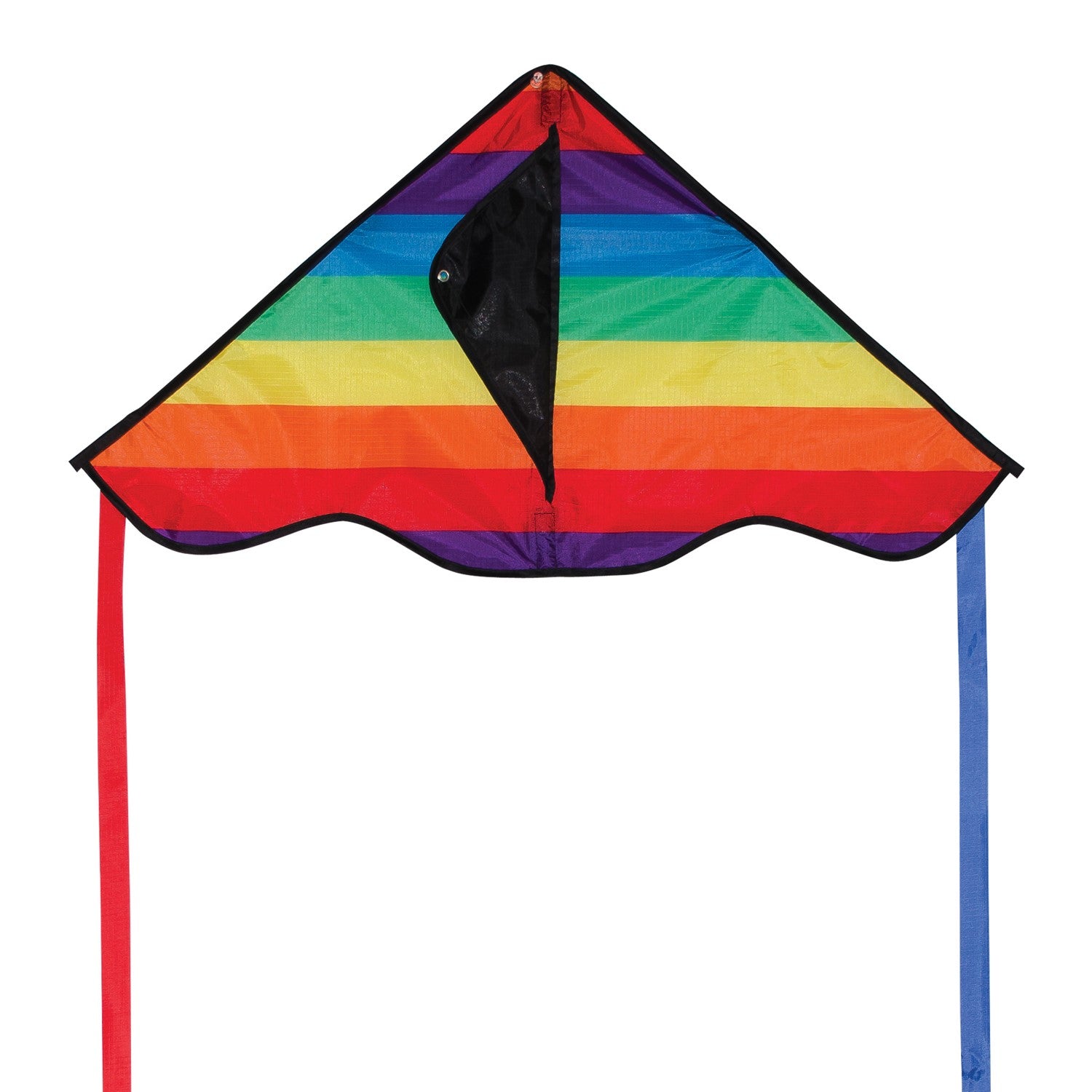 Colorful Rainbow Stripe 30-inch Delta Kite, featuring durable ripstop fabric and stable design, displayed soaring in a bright blue sky with playful tails fluttering below.