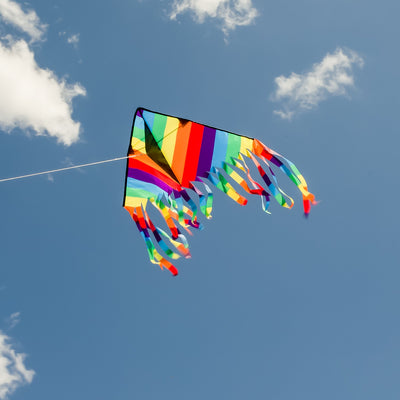 Rainbow Stripe 32' Flutterfly Delta Kite soaring high in the sky, showcasing vibrant colors and fluttering tails against a blue backdrop.