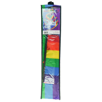 Rainbow Stripe 43" Flutterfly Delta kite soaring in the sky with colorful fluttering tails, perfect for outdoor fun and family activities.