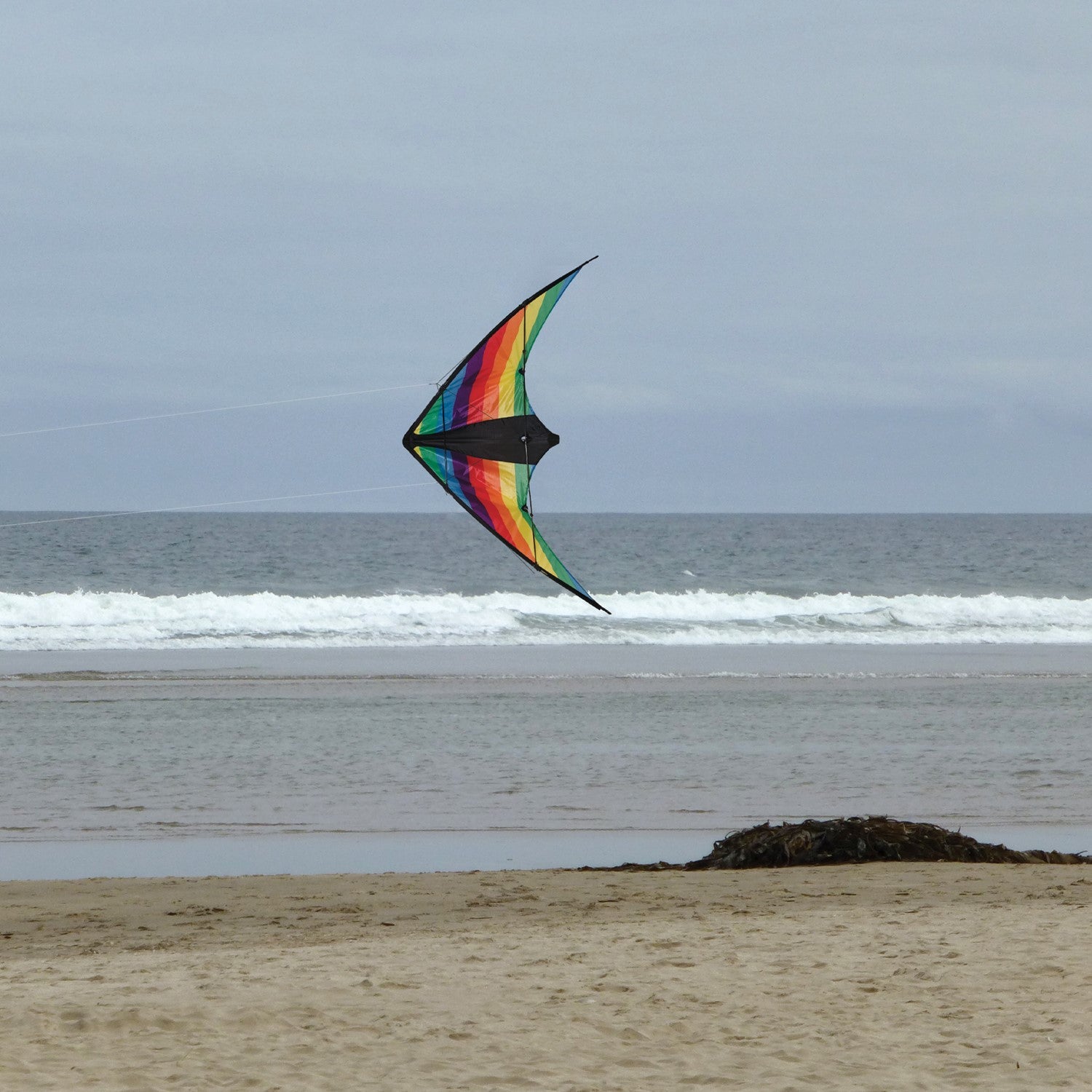 Rainbow Stripe 48" Sport Kite featuring colorful ripstop fabric and fiberglass frame, ideal for easy flying and tricks in various wind conditions.