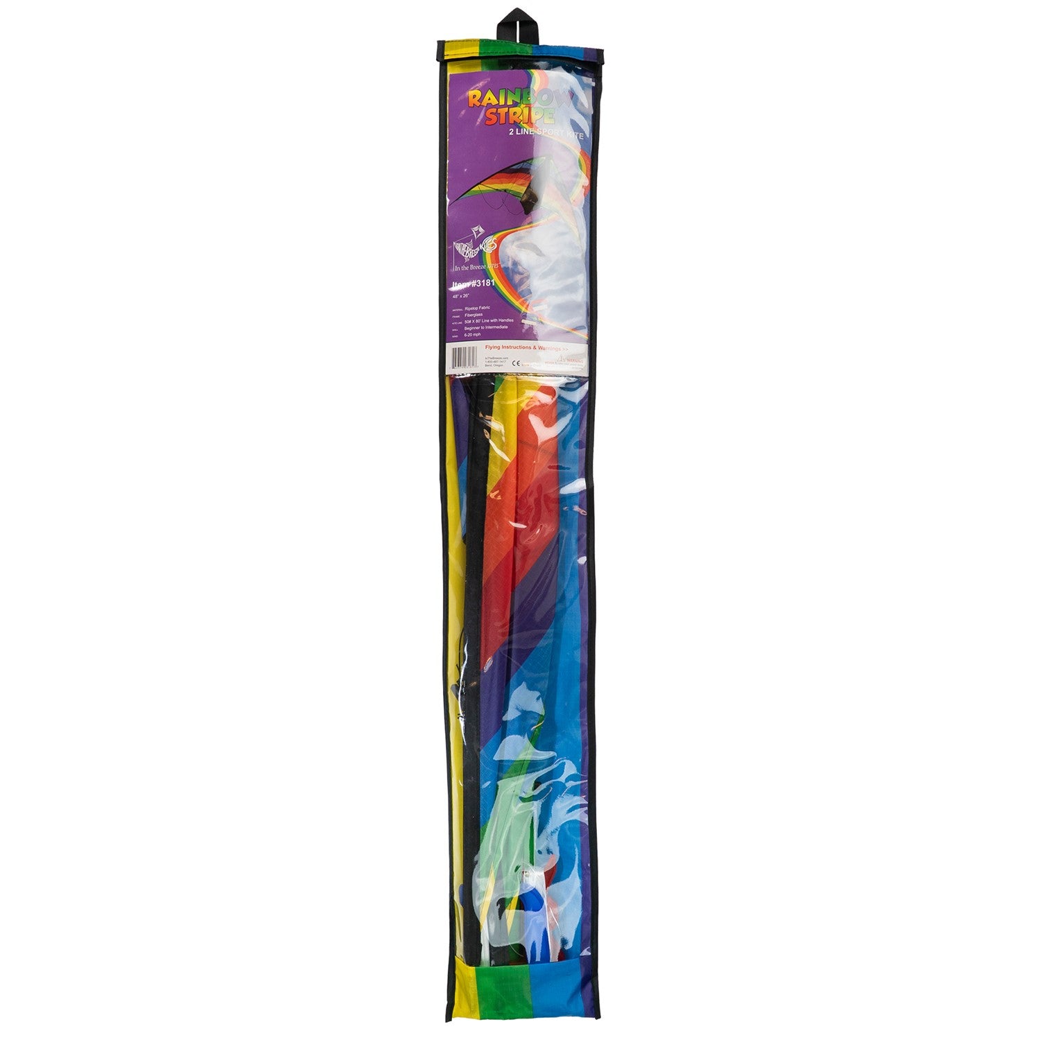 Rainbow Stripe 48" Sport Kite featuring colorful ripstop fabric and fiberglass frame, ideal for easy flying and tricks in various wind conditions.