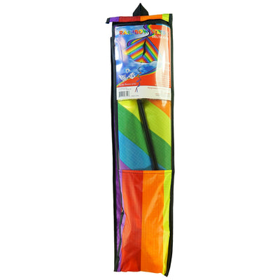 Rainbow Stripe 72'' Delta kite with colorful spinning tail flying in a blue sky above a park setting, showcasing its vibrant design and construction.