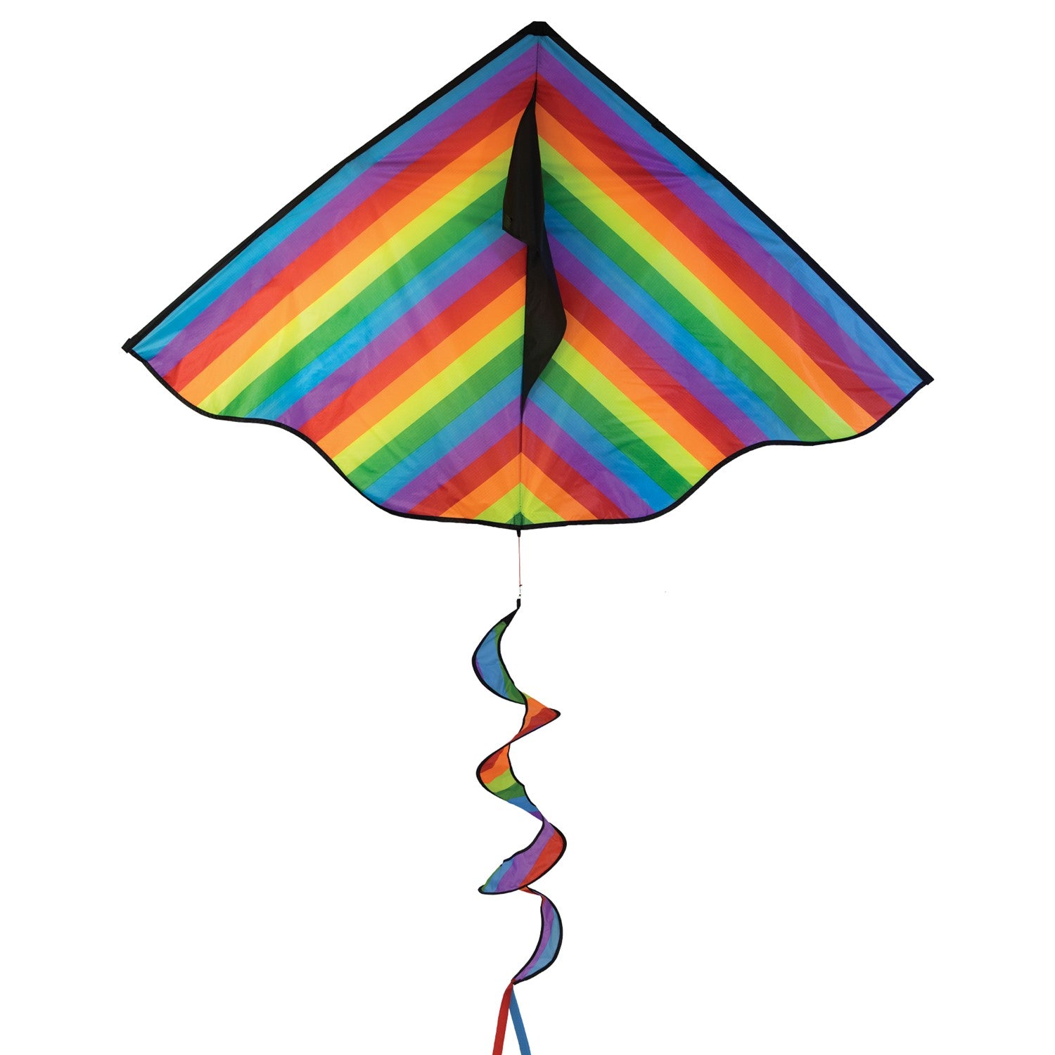 Rainbow Stripe 72'' Delta kite with colorful spinning tail flying in a blue sky above a park setting, showcasing its vibrant design and construction.