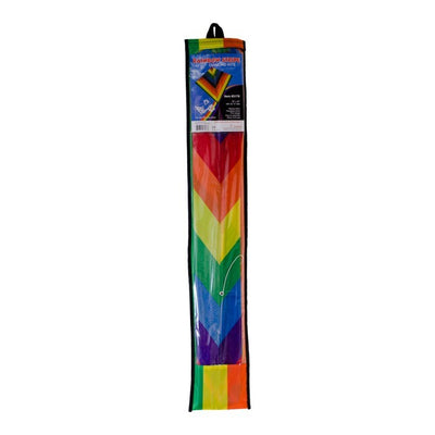 Rainbow Stripe 30 inch diamond kite featuring vibrant rainbow colors and three colorful tails, ready to fly in an outdoor setting.