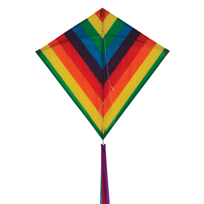 Rainbow Stripe 30 inch diamond kite featuring vibrant rainbow colors and three colorful tails, ready to fly in an outdoor setting.