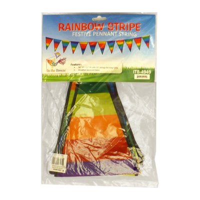 Rainbow Stripe Festive Pennant String showcases colorful triangular flags on a weather-resistant 94-inch string tie-ideal for cheerful decorations at any event.