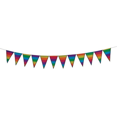 Rainbow Stripe Festive Pennant String showcases colorful triangular flags on a weather-resistant 94-inch string tie-ideal for cheerful decorations at any event.