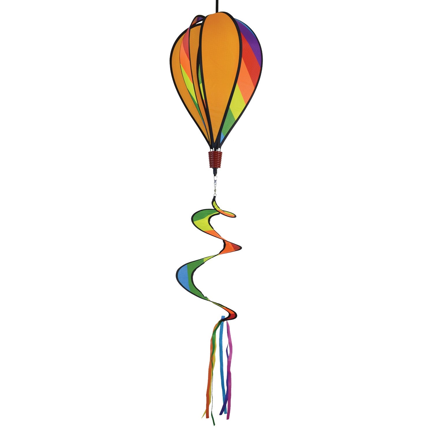 Rainbow Striped Hot Air Balloon spinner in vibrant colors with alternating rainbow and solid striped design, spinning under outdoor sunshine.