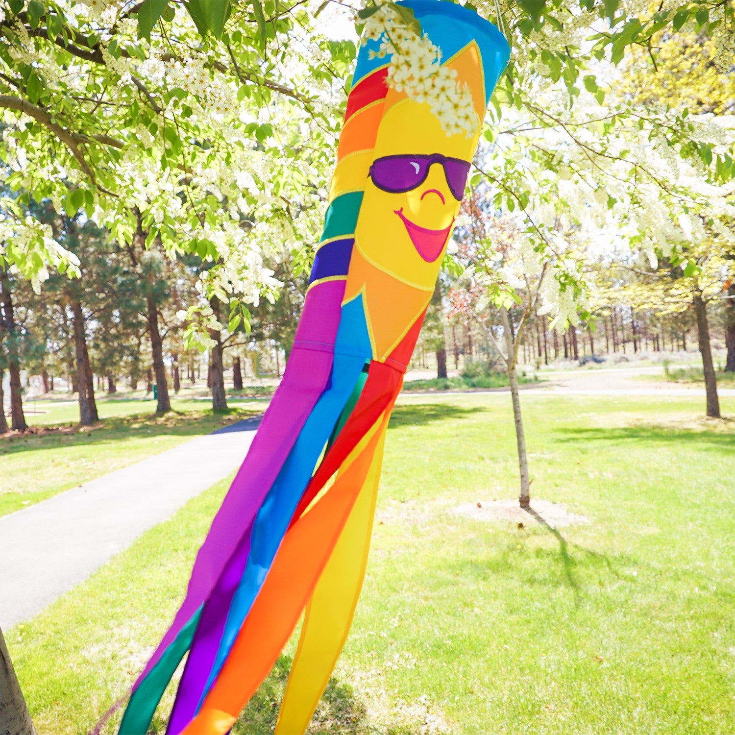 Rainbow Sun 40 inches windsock displaying bright, colorful sun design with eight fluttering tails, hanging in a garden setting.