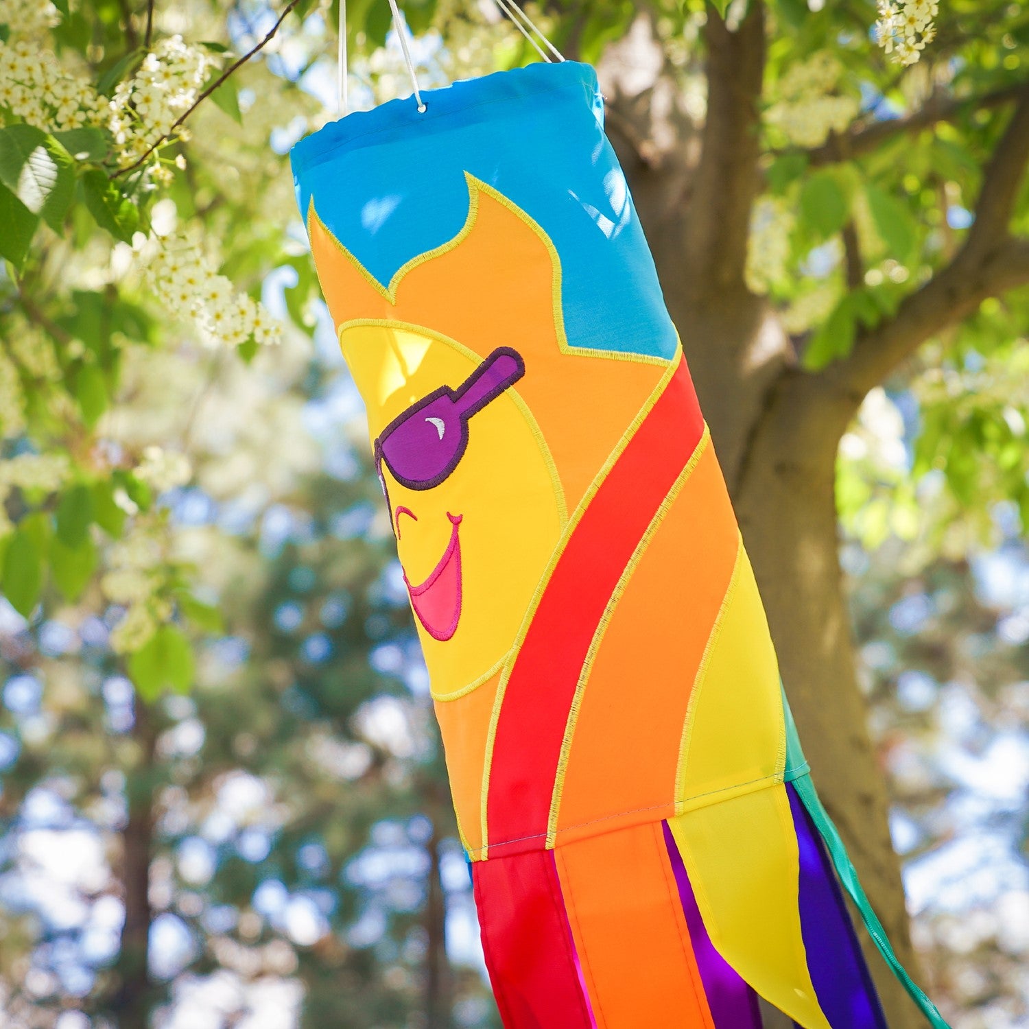 Rainbow Sun 40 inches windsock displaying bright, colorful sun design with eight fluttering tails, hanging in a garden setting.