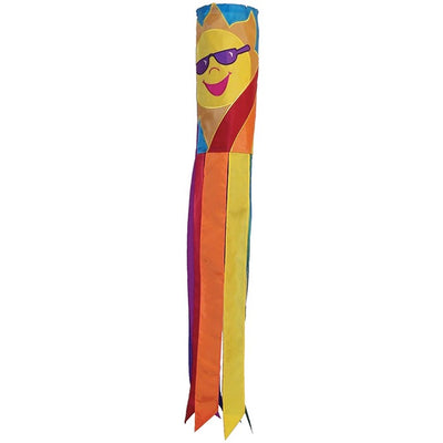 Rainbow Sun 40 inches windsock displaying bright, colorful sun design with eight fluttering tails, hanging in a garden setting.