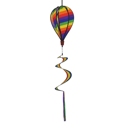 Rainbow Swirl 6-Panel Hot Air Balloon garden spinner in vibrant colors, spinning gently in a light breeze, hanging from a decorative hook.
