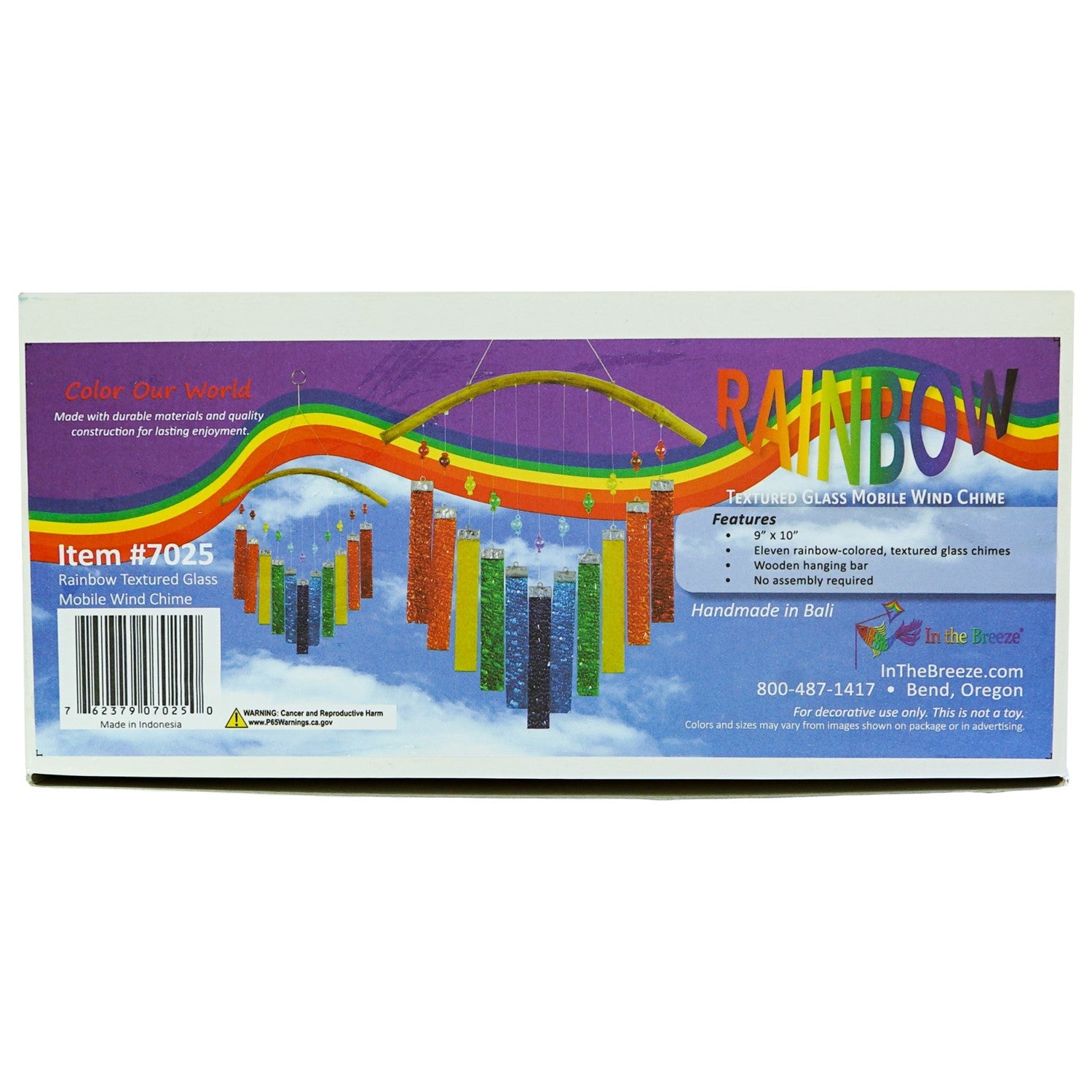 Rainbow Textured Glass Mobile Wind Chime with colorful glass panels and wooden hanging bar, displayed outdoors catching sunlight.