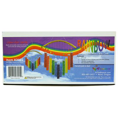 Rainbow Textured Glass Mobile Wind Chime with colorful glass panels and wooden hanging bar, displayed outdoors catching sunlight.