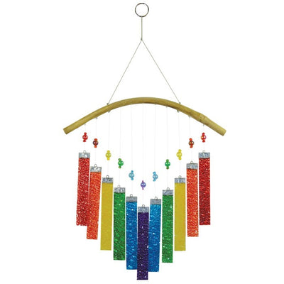 Rainbow Textured Glass Mobile Wind Chime with colorful glass panels and wooden hanging bar, displayed outdoors catching sunlight.