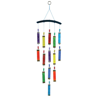 Rainbow Textured Tiered Glass Mobile Wind Chime featuring vibrant glass pieces and beads hanging in sunlight, creating a colorful display outdoors.