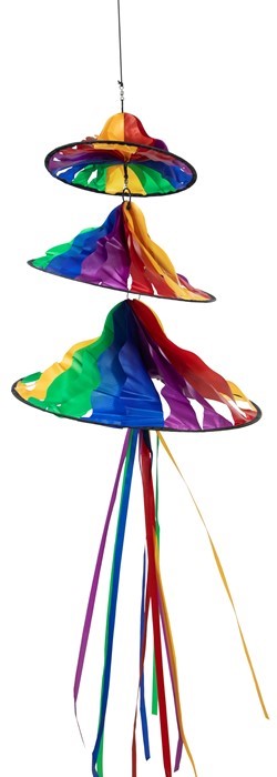 Rainbow Triple Jelly outdoor spinner with three colorful sections spinning in the breeze, showcasing vibrant hues and flowing tails in a garden setting.