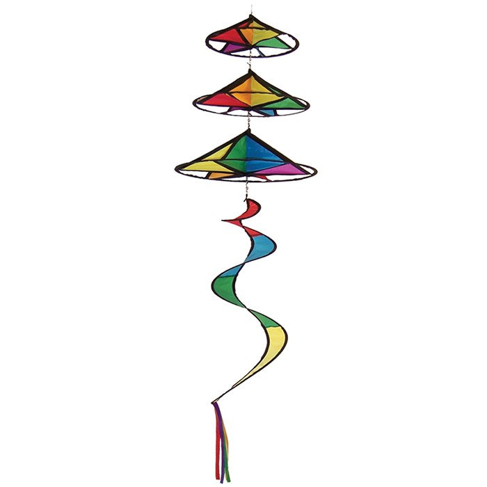Rainbow Triple Magic Star garden spinner featuring three tiered colorful stars with black edges and a 24-inch twister tail in a sunny garden setting.