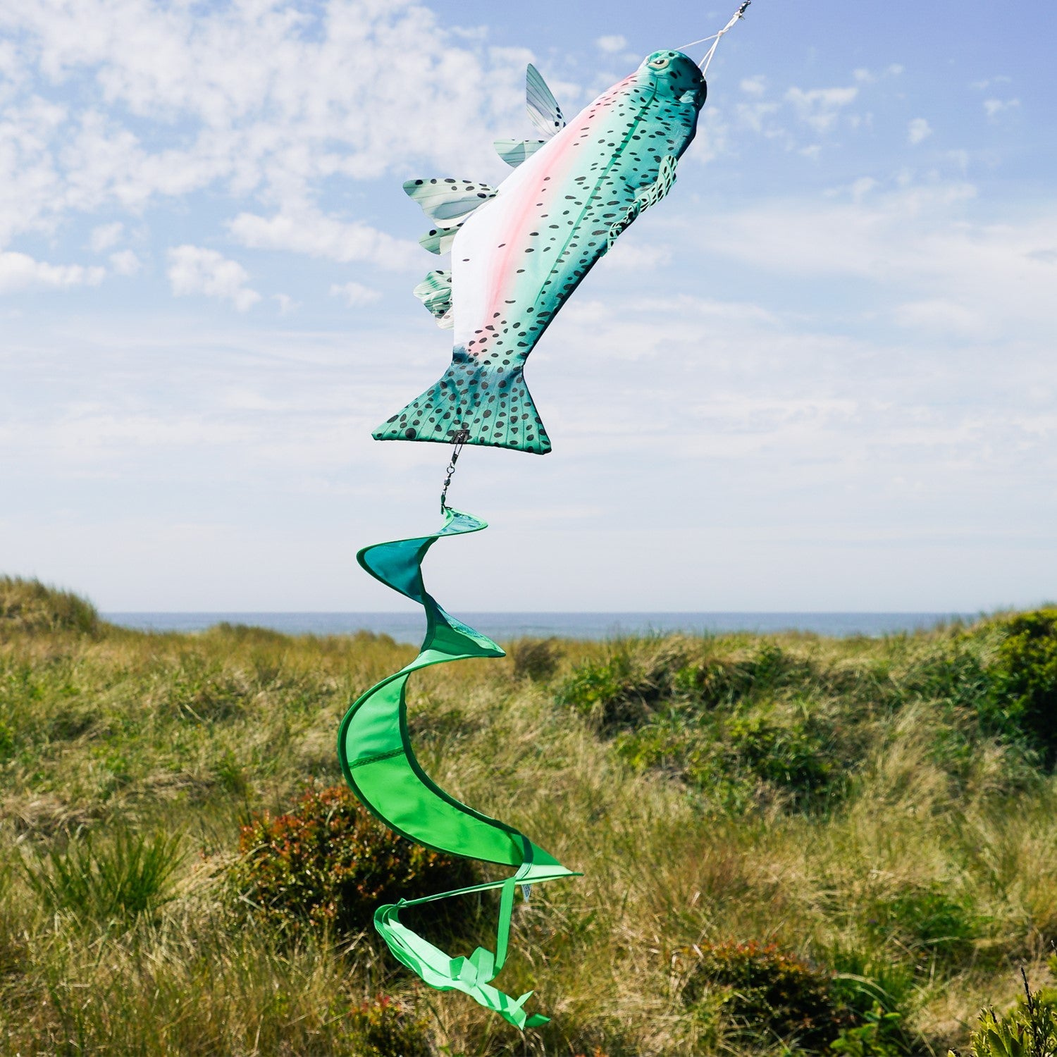 Rainbow Trout Spinner Tail wind sock with vibrant colors and spinning streamer tail, hanging outdoors in a garden setting.