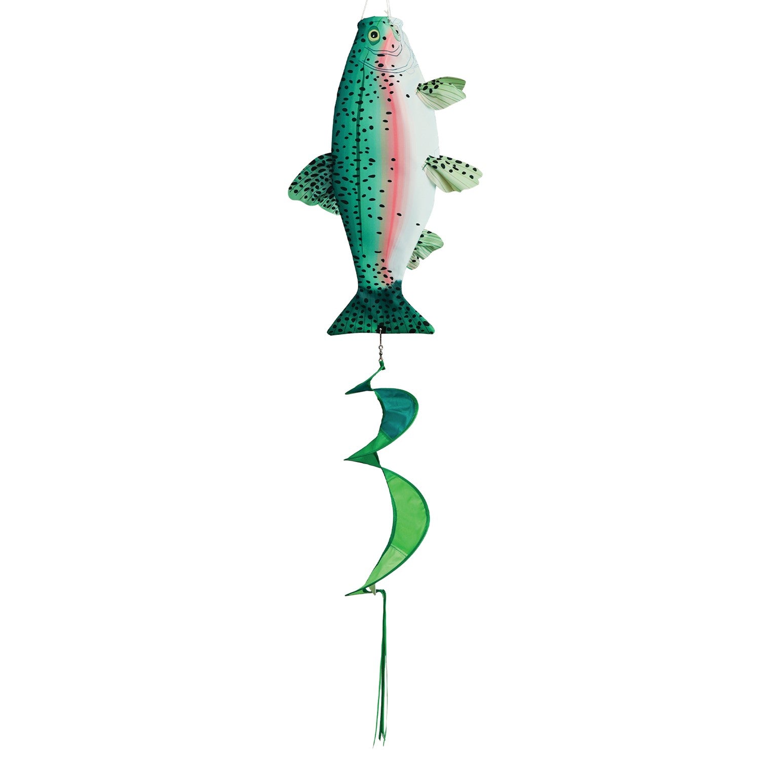 Rainbow Trout Spinner Tail wind sock with vibrant colors and spinning streamer tail, hanging outdoors in a garden setting.