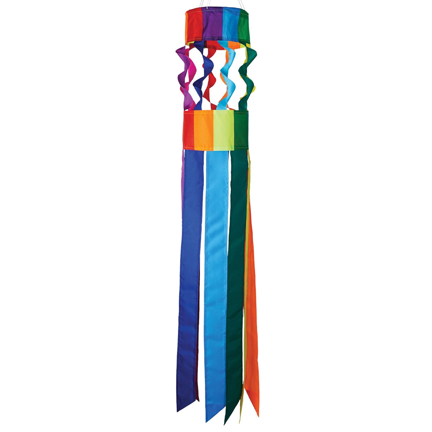 Visualize the Rainbow Twistair Windsock with its vibrant, swirling colors and eight flaring tails fluttering gracefully in the breeze, creating a joyful display.