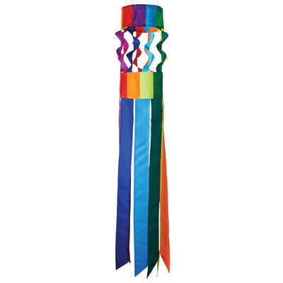 Visualize the Rainbow Twistair Windsock with its vibrant, swirling colors and eight flaring tails fluttering gracefully in the breeze, creating a joyful display.