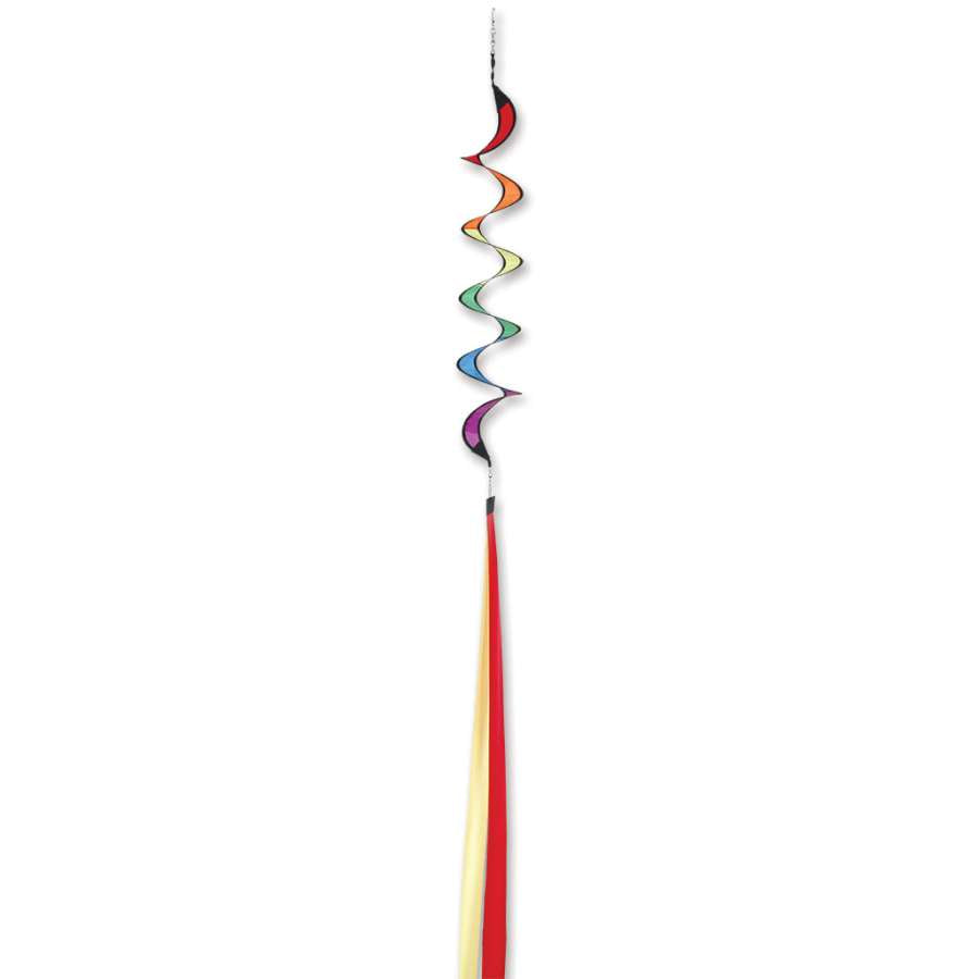 Rainbow Twister Tail with colorful spiral design spinning in the breeze, displayed in a garden setting, enhancing outdoor aesthetics.