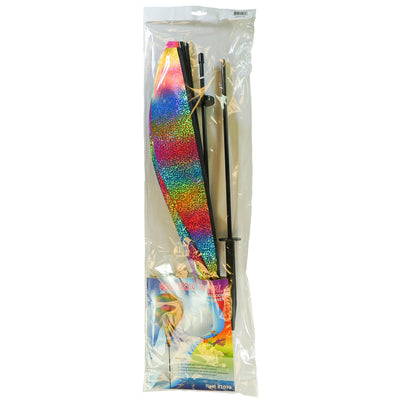 Rainbow Whirl 10-Panel Hot Air Balloon Ground Spinner with vibrant Mylar panels spinning gracefully in an outdoor garden setting.