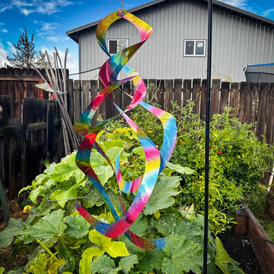 The Rainbow Whirl Mylar Spin Quartet is a stunning hanging decor featuring vibrant mylar curls that shimmer in the sunlight, ideal for outdoor festivities and gardens.