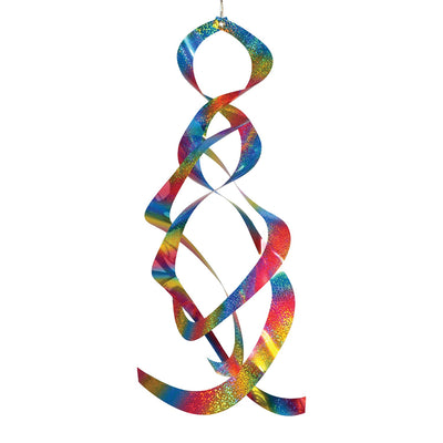 The Rainbow Whirl Mylar Spin Quartet is a stunning hanging decor featuring vibrant mylar curls that shimmer in the sunlight, ideal for outdoor festivities and gardens.