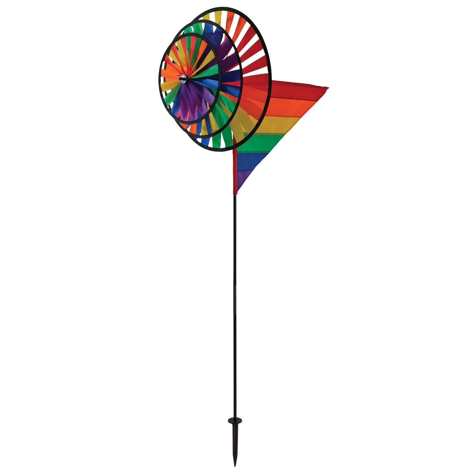 Rainbow Wind Sail Triple Wheel Spinner showcasing three spinning wheels in a rainbow spectrum, set against a clear blue sky with a pivoting pole for wind display.