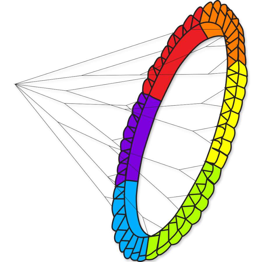 Large Rainbow Wind Wheel, 6.5 feet in diameter, spinning gracefully on a kite line during a sunny outdoor event, showcasing vibrant colors.