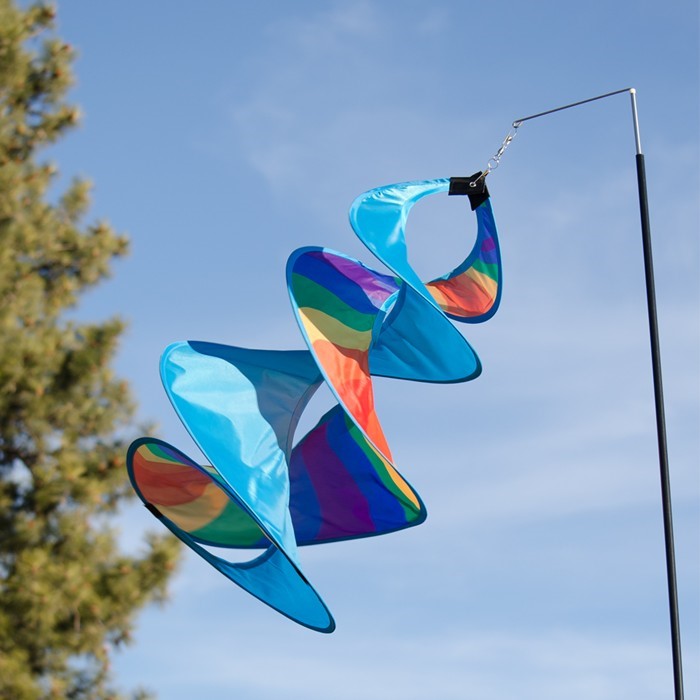 Rainbow Wow Spin Duet double spinner garden decor with vibrant colors in a gentle breeze, featuring intricate designs and durable materials.
