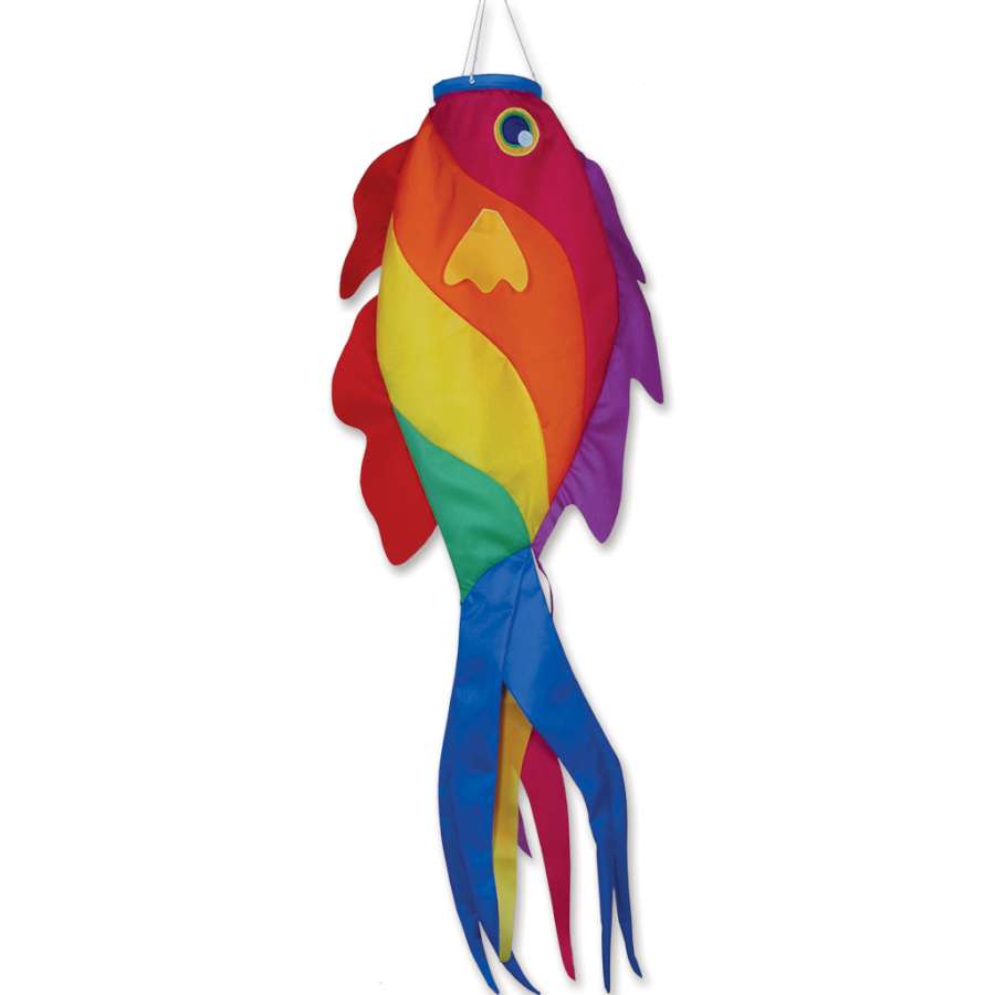 Rainbow Wrasse Fish Windsock with vibrant colors and three-dimensional shape displayed on a flagpole swaying in a gentle breeze.
