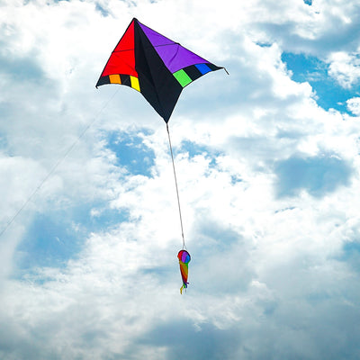 Rainbow Zephyr Delta Kite with a stunning 60-inch wingspan in bright rainbow colors, featuring a detachable twisting windsock for vibrant displays.