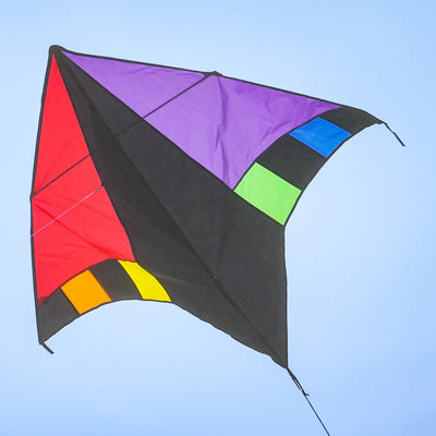 Rainbow Zephyr Delta Kite with a stunning 60-inch wingspan in bright rainbow colors, featuring a detachable twisting windsock for vibrant displays.