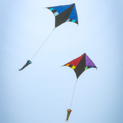Rainbow Zephyr Delta Kite with a stunning 60-inch wingspan in bright rainbow colors, featuring a detachable twisting windsock for vibrant displays.