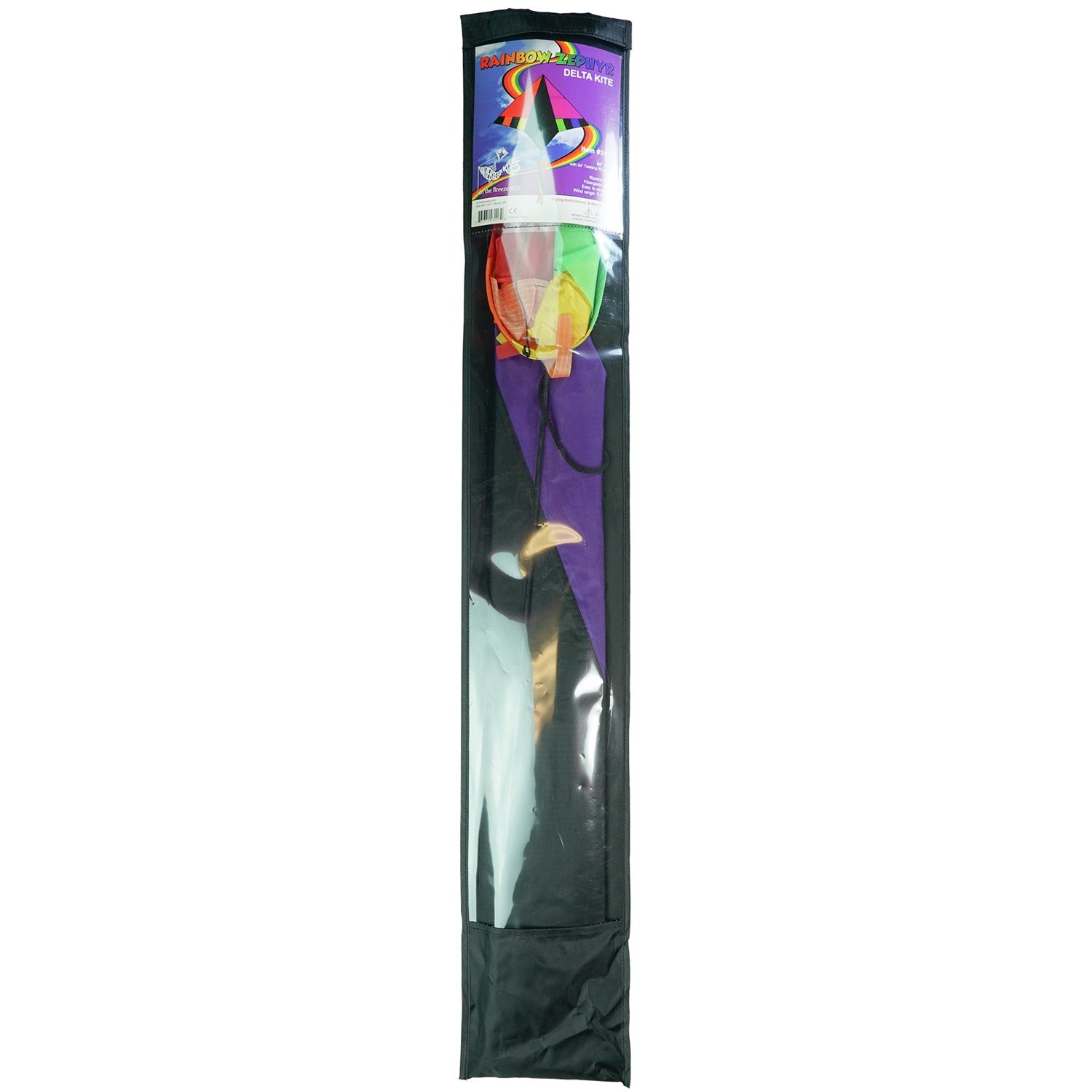 Rainbow Zephyr Delta Kite with a stunning 60-inch wingspan in bright rainbow colors, featuring a detachable twisting windsock for vibrant displays.