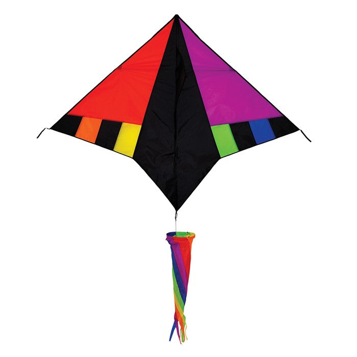 Rainbow Zephyr Delta Kite with a stunning 60-inch wingspan in bright rainbow colors, featuring a detachable twisting windsock for vibrant displays.