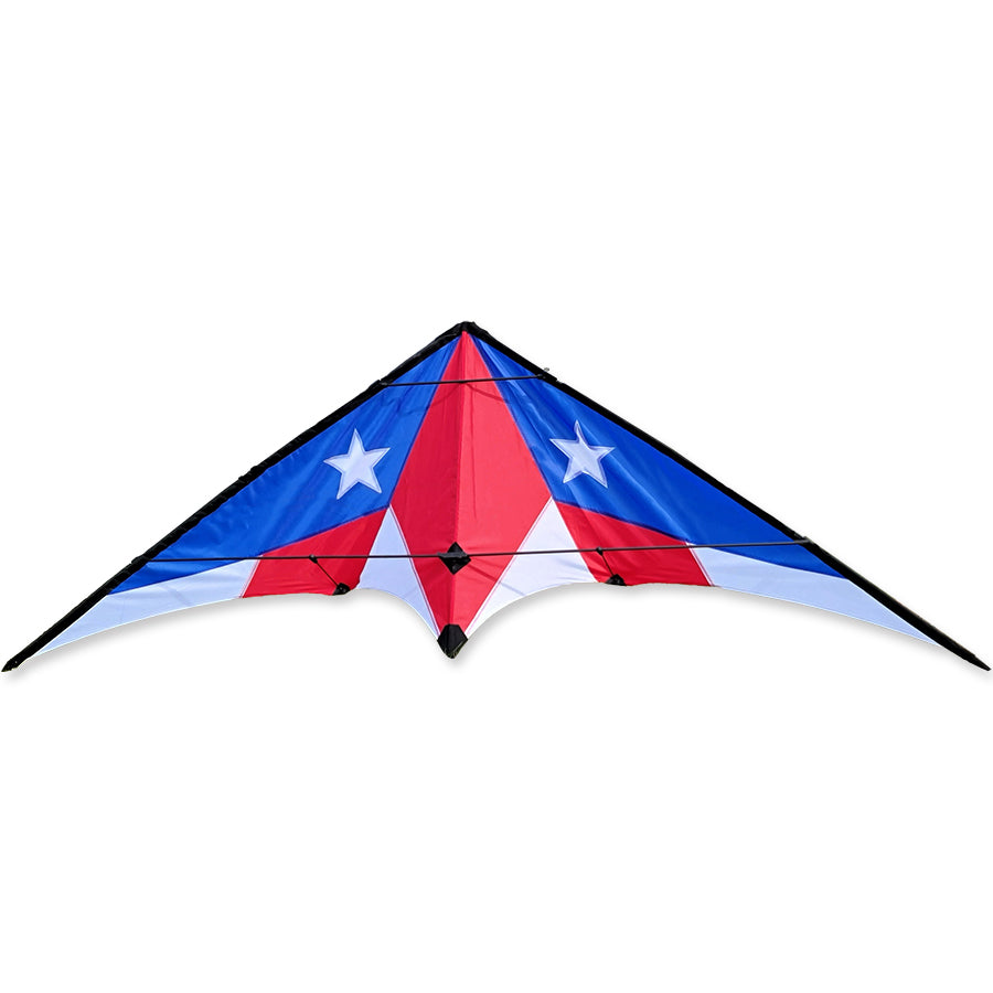 Raptor Sport Kite with a vibrant patriotic design soaring against a blue sky, showcasing its lightweight carbon frame and high aspect ratio wings.