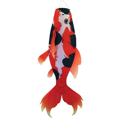 Realistic Koi 48" Fish Windsock with vibrant colors and flowing tails, displayed in an outdoor setting gently swaying in the breeze.