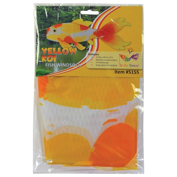 Realistic Yellow Koi 30" Fish Windsock with detailed printed design and flowing tails, displayed in a garden setting, capturing movement in the breeze.