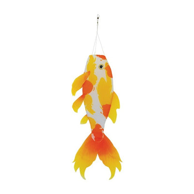 Realistic Yellow Koi 30" Fish Windsock with detailed printed design and flowing tails, displayed in a garden setting, capturing movement in the breeze.