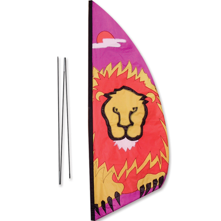 3.5 ft. Recumbent Bike Feather Banner featuring a lion design, made from ripstop nylon, secured to a bike pole outdoors.