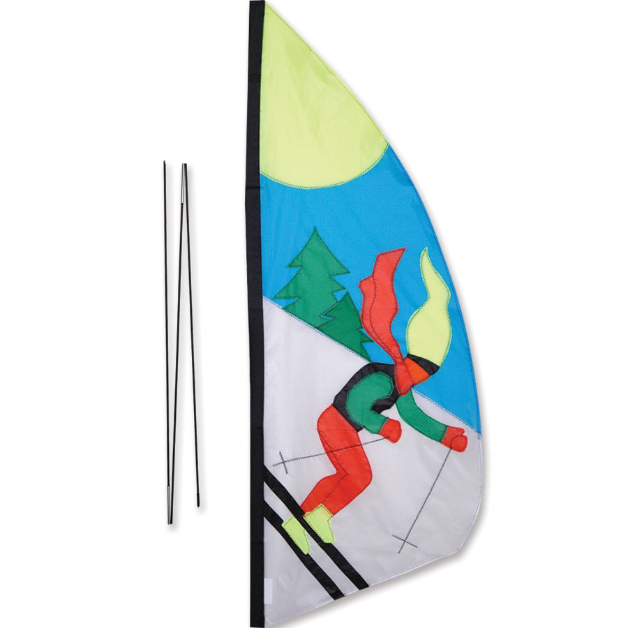 3.5 ft. recumbent bike feather banner made of ripstop nylon, featuring colorful applique panels mounted on a bike outdoors.