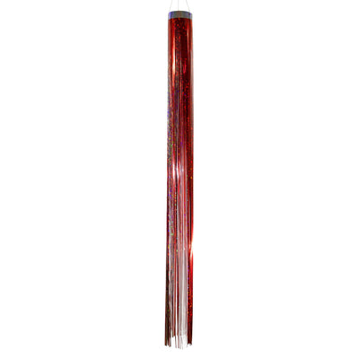 Red 51 Mylar windsock fluttering in the sunlight, showcasing its holographic design and vibrant color in an outdoor garden setting.