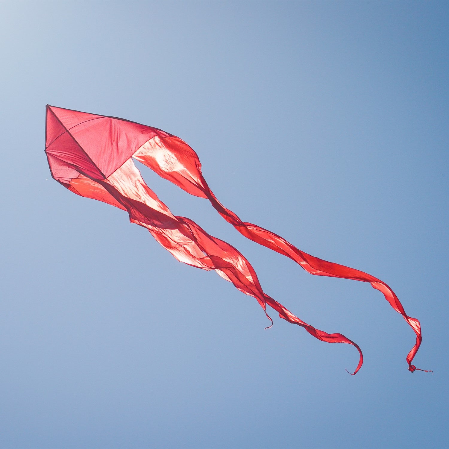 Red 77' Wave Delta Kite soaring in the sky with long flowing tails visible, showcasing its vibrant color and impressive size against a clear backdrop.