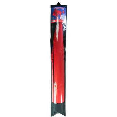 Red 77' Wave Delta Kite soaring in the sky with long flowing tails visible, showcasing its vibrant color and impressive size against a clear backdrop.