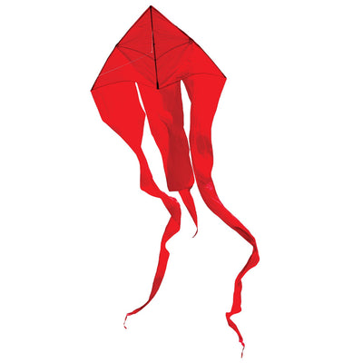 Red 77' Wave Delta Kite soaring in the sky with long flowing tails visible, showcasing its vibrant color and impressive size against a clear backdrop.