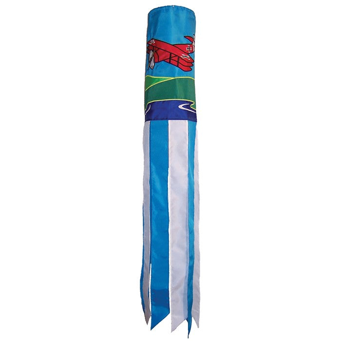 Vibrant Red Baron 40-inch windsock featuring detailed aircraft design and fluttering tails displayed against a clear blue sky.